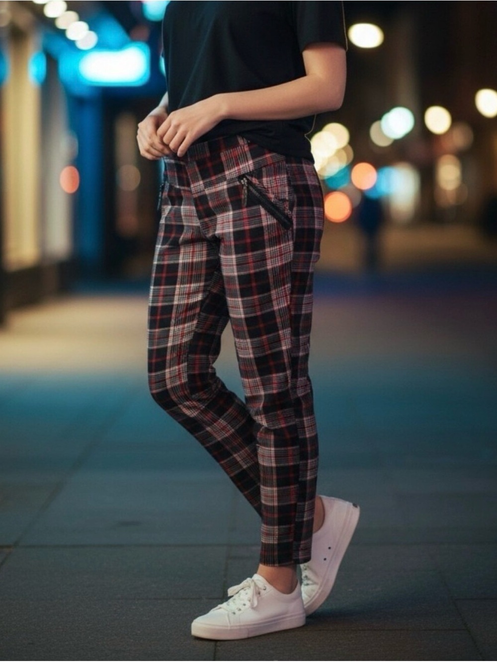 Coco + Carmen Black & Red Plaid Slim pants